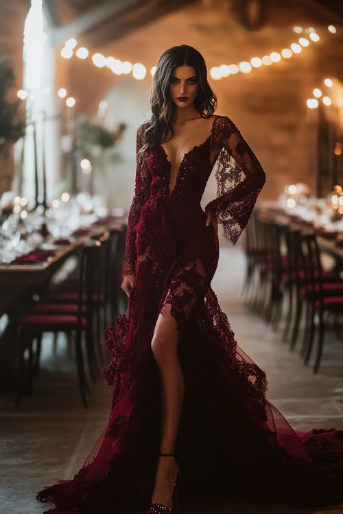 A fashionable woman in a deep burgundy high-low gown with long sheer sleeves, a lace overlay, and a scalloped hemline (2)