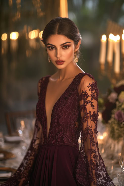 A fashionable woman in a deep burgundy high-low gown with long sheer sleeves, a lace overlay, and a scalloped hemline