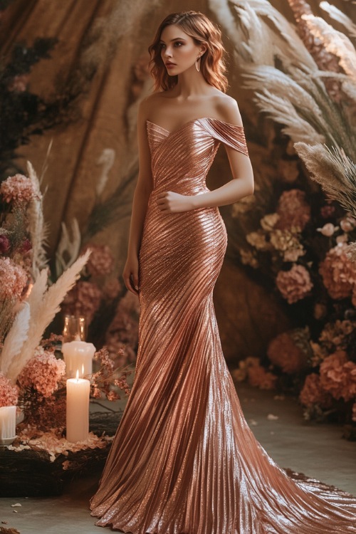 A fashionable woman in a metallic rose gold midi dress with a structured one-shoulder neckline, a fitted bodice, and a scalloped hemline