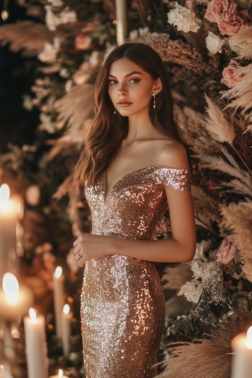 A fashionable woman in a metallic rose gold midi dress with a structured one-shoulder neckline, a fitted bodice, and a scalloped hemline