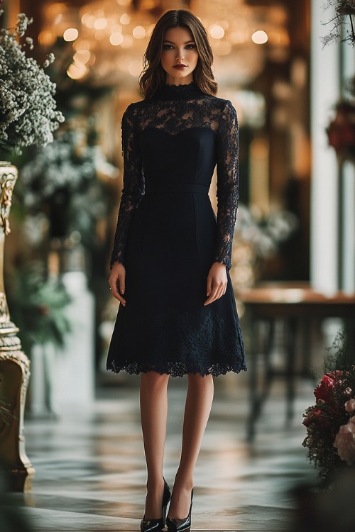 A fashionable woman in a navy knee-length cocktail dress with long lace sleeves, a ruched bodice, and a scalloped hemline