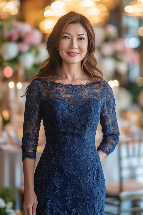 A fashionable woman in a navy knee-length cocktail dress with long lace sleeves, a ruched bodice