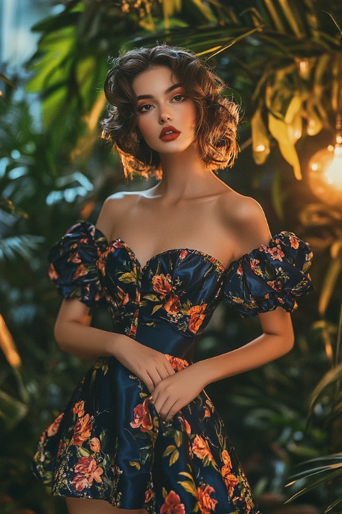 A fashionable woman in a navy short A-line dress with puff sleeves, floral prints, and a cinched waist (2)