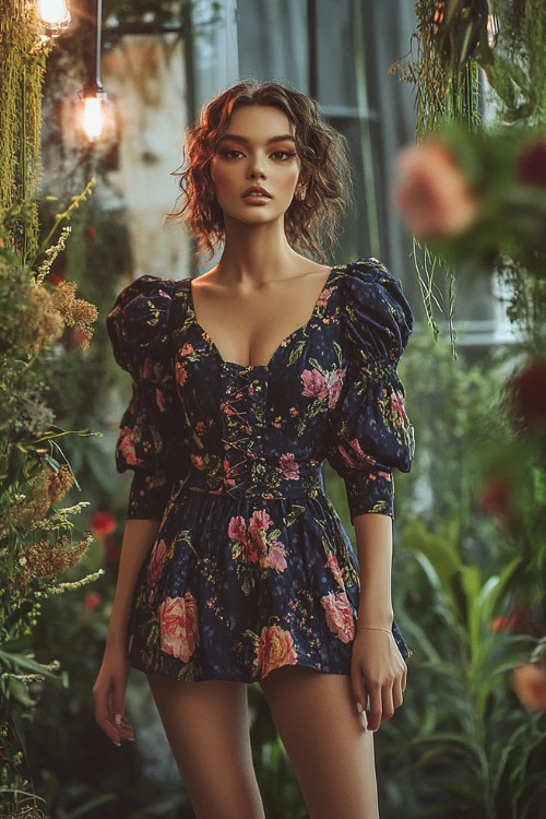 A fashionable woman in a navy short A-line dress with puff sleeves, floral prints, and a cinched waist