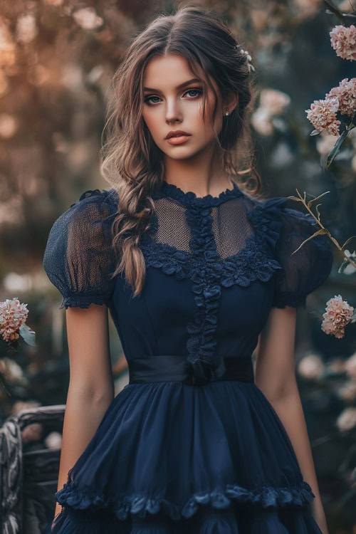 A fashionable woman in a navy short bubble dress with flutter sleeves, a cinched waist, and floral embroidery (2)