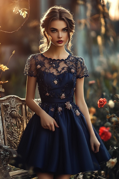 A fashionable woman in a navy short bubble dress with flutter sleeves, a cinched waist, and floral embroidery