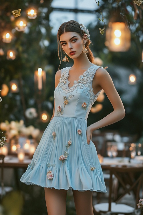 A fashionable woman in a pastel blue sleeveless short dress with a square neckline, pleated detailing, and floral embroidery,