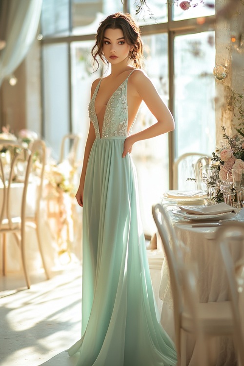 A fashionable woman in a pastel mint green sleeveless midi dress with side cutouts, subtle pleats, and floral appliqués