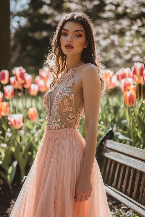 A fashionable woman in a pastel peach empire-waist maxi dress with a high neckline, side cutouts, and floral embroidery