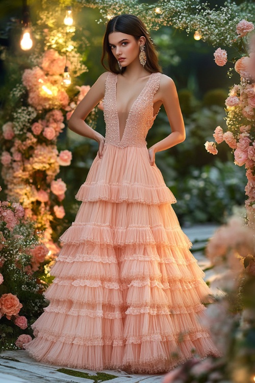 A fashionable woman in a pastel peach sleeveless floor-length dress with a tiered hemline, a cinched waist, and subtle embroidery