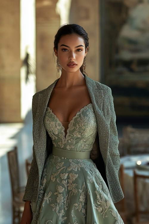 A fashionable woman in a sage green midi-length dress with floral lace embroidery, paired with a tailored cropped jacket