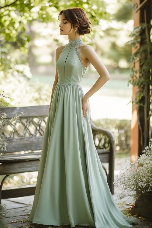 A fashionable woman in a sage green sleeveless floor-length dress with a gathered waist, a high neckline, and subtle lace accents (2)