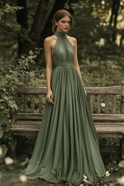 A fashionable woman in a sage green sleeveless floor-length dress with a gathered waist, a high neckline, and subtle lace accents