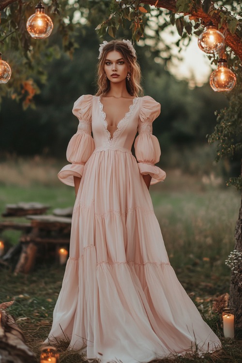 A fashionable woman in a soft blush pink A-line dress with puff sleeves, a scalloped neckline, and tiered ruffles