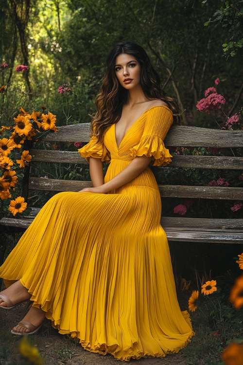 A fashionable woman in a sunflower yellow A-line floor-length dress with a pleated hemline, short flutter sleeves