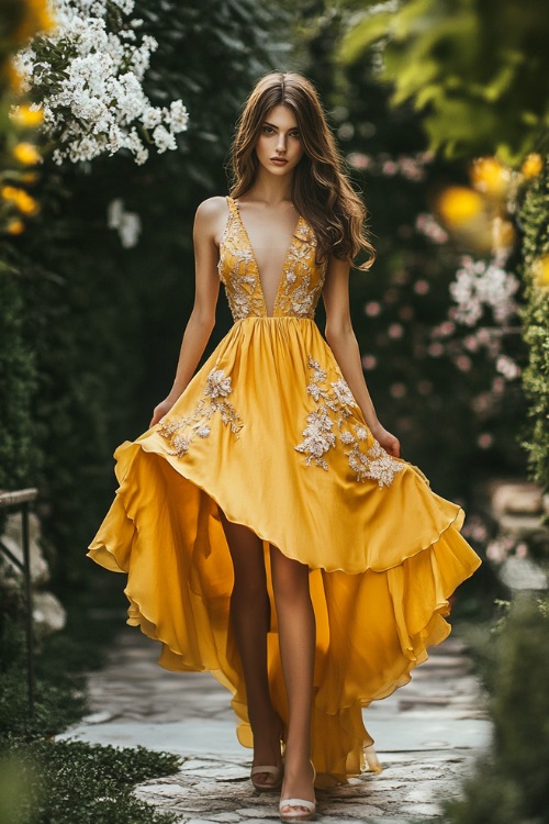 A fashionable woman in a sunflower yellow high-low maxi dress with floral lace embroidery, a gathered bodice, and a flared skirt, posing near a brightly lit spring garden wedding reception