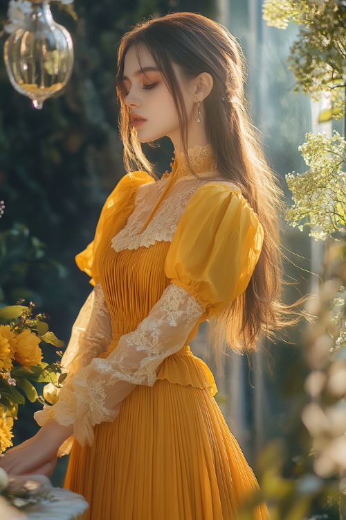 A fashionable woman in a sunflower yellow short dress with puff sleeves, a pleated skirt, and floral lace accents