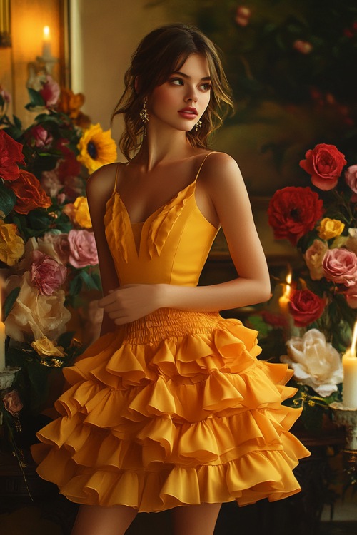 A fashionable woman in a sunflower yellow short sleeveless dress with a tiered skirt, a tulip hemline, and floral prints