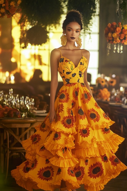 A fashionable woman in a sunflower yellow tea-length A-line dress with a cinched waist, floral prints, and a tiered hemline (3)