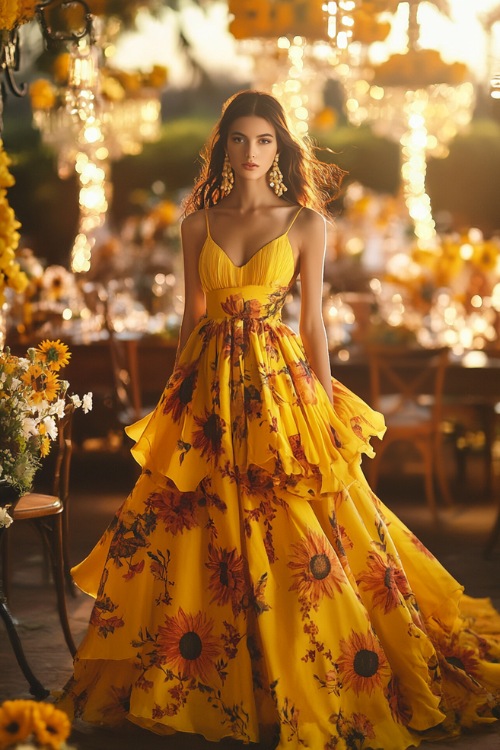 A fashionable woman in a sunflower yellow tea-length A-line dress with a cinched waist, floral prints, and a tiered hemline (4)