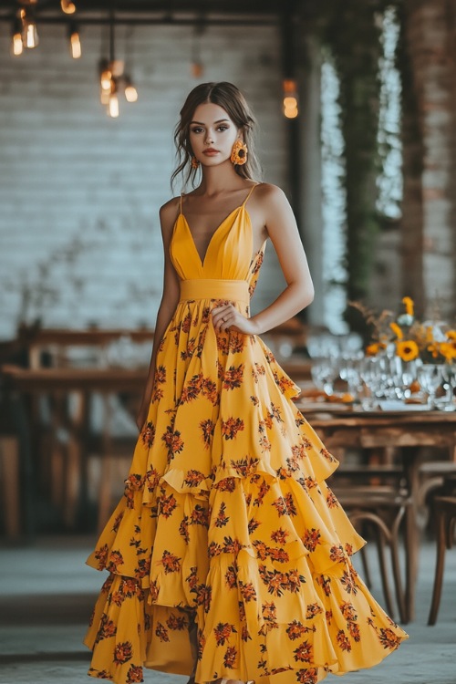 A fashionable woman in a sunflower yellow tea-length A-line dress with a cinched waist, floral prints, and a tiered hemline