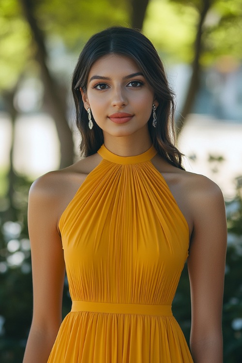 A fashionable woman in a sunflower yellow tea-length midi dress with a halter neckline, pleated bodice, and lace accents