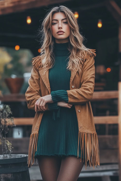 A fashionable woman in a tan fringed leather jacket layered over a dark green sweater dress, paired with tights and brown ankle cowboy boots