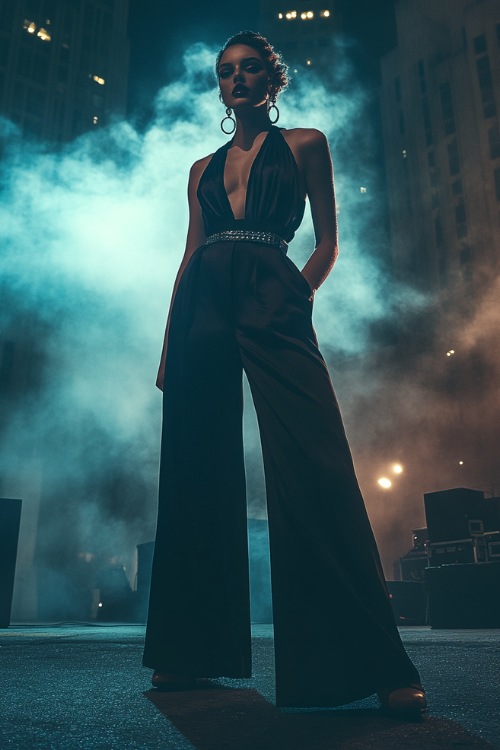 A fashionable woman in dark wide-leg trousers, a fitted satin sleeveless blouse, and wedge heels, accessorized with a bold belt and hoop earrings