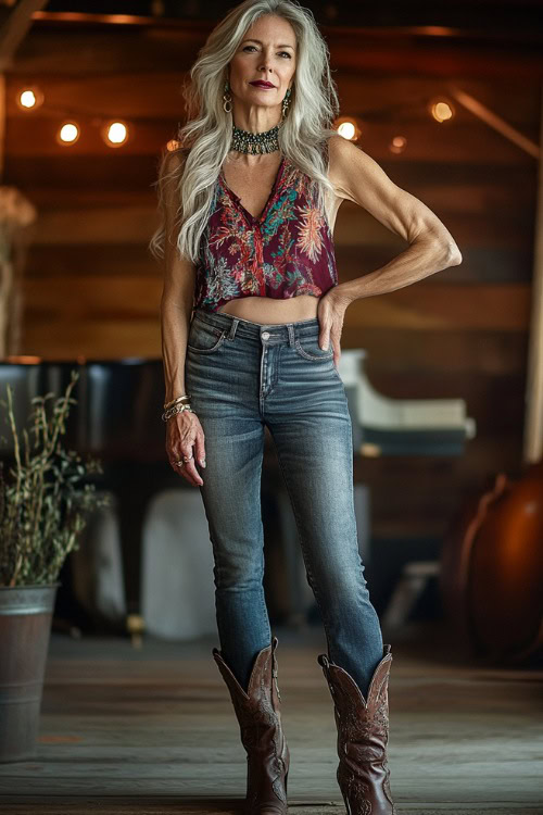 A fashionable woman over 40 in a fitted sleeveless top, high-rise bootcut jeans, and heeled cowboy boots, accessorized with a bold choker necklace