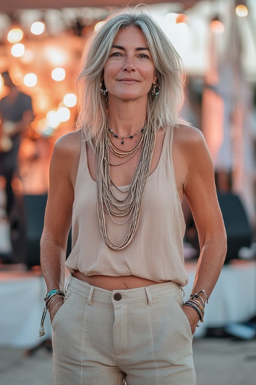 A fashionable woman over 40 in a pair of tailored beige shorts, paired with a sleeveless tank top and wedge espadrilles, accessorized with layered necklaces