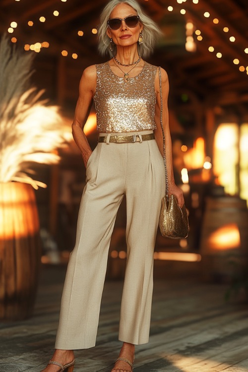 A fashionable woman over 40 in a sleeveless glitter top, tailored cropped trousers, and wedge peep-toe shoes, accessorized with a metallic belt and a shoulder bag