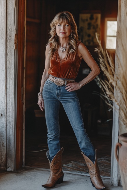 A fashionable woman over 40 in a sleeveless velvet top, tailored bootcut jeans, and fringe heeled cowboy boots, accessorized with a concho belt