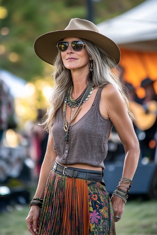 A fashionable woman over 40 wearing a high-low pleated skirt with a bold print, paired with a sleeveless button-up shirt and ankle boots (2)