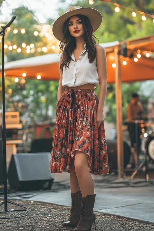 A fashionable woman over 40 wearing a high-low pleated skirt with a bold print, paired with a sleeveless button-up shirt and ankle boots