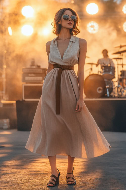 A fashionable woman over 40 wearing a high-waisted A-line midi skirt with a sleeveless blouse and block-heeled sandals