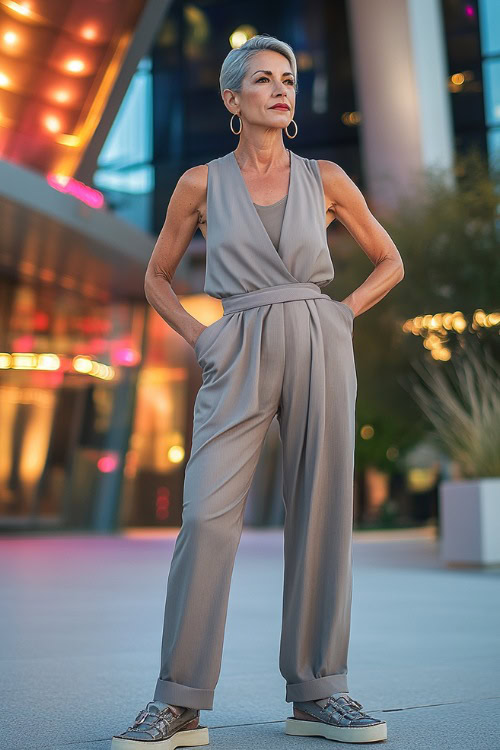 A fashionable woman over 40 wearing a lightweight sleeveless tunic top, tailored ankle trousers, and platform sneakers, accessorized with hoop earrings