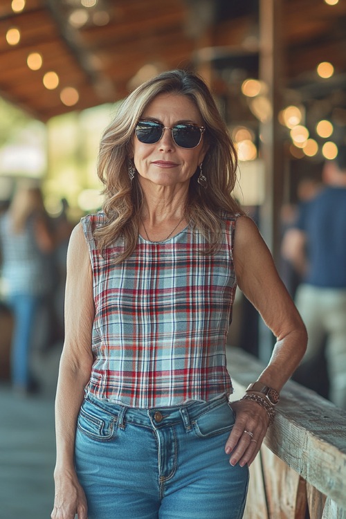 A fashionable woman over 40 wearing a plaid sleeveless top, slim-fit jeans, and slip-on sneakers, accessorized with a metallic clutch, standing near a rustic outdoor concert stage