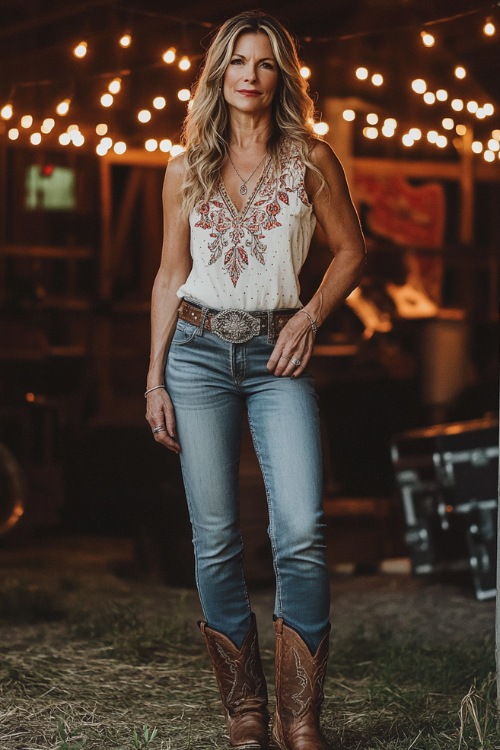 A fashionable woman over 40 wearing a sleeveless embroidered top, slim-fit jeans, and ankle cowboy boots, accessorized with a silver concho belt (2)