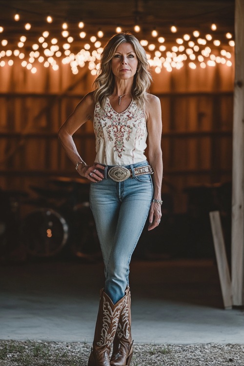 A fashionable woman over 40 wearing a sleeveless embroidered top, slim-fit jeans, and ankle cowboy boots, accessorized with a silver concho belt