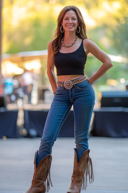 A fashionable woman over 40 wearing a sleeveless ribbed top, high-waisted straight jeans, and fringe cowboy boots, accessorized with a concho belt and bold hoop earrings