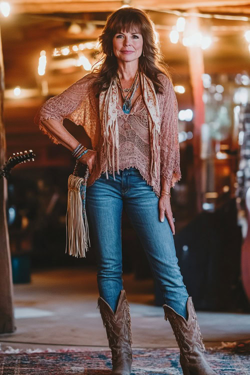 A fashionable woman over 40 wearing a soft knit tunic, straight-leg jeans, and low cowboy boots, accessorized with a scarf and a fringe shoulder bag