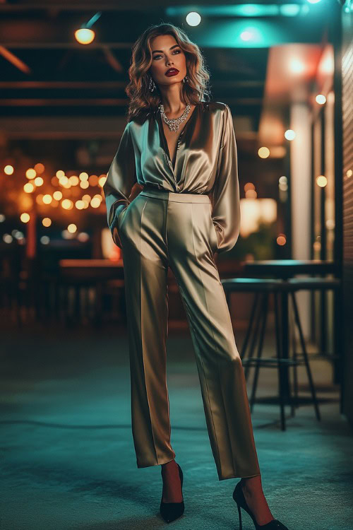 A fashionable woman over 40 wearing a tailored satin blouse, wide-leg trousers, and heeled ankle boots, accessorized with a statement necklace (2)