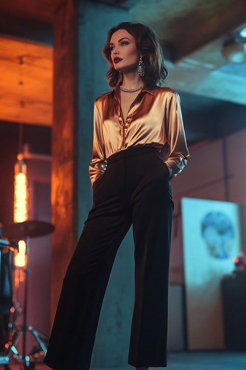 A fashionable woman over 40 wearing a tailored satin blouse, wide-leg trousers, and heeled ankle boots, accessorized with a statement necklace