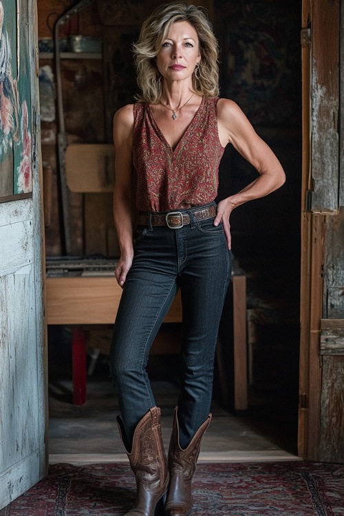 A fashionable woman over 40 wearing a tailored sleeveless top tucked into dark skinny jeans, paired with heeled western boots and a leather belt