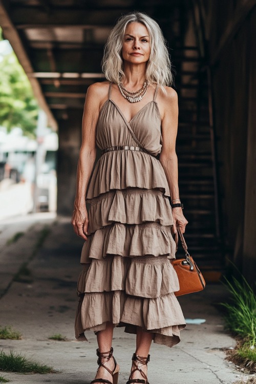 A fashionable woman over 40 wearing a tiered ruffled midi dress in earth tones, paired with metallic wedge sandals and a leather crossbody bag