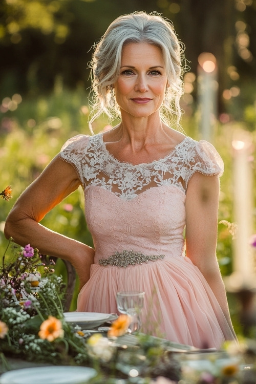 A fashionable woman over 50 in a blush pink bubble dress with a sweetheart neckline, lace accents