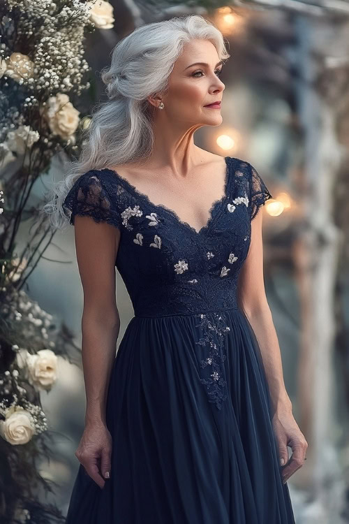 A fashionable woman over 50 in a navy tea-length midi dress with lace embroidery, a sweetheart neckline, and subtle pleats (3)