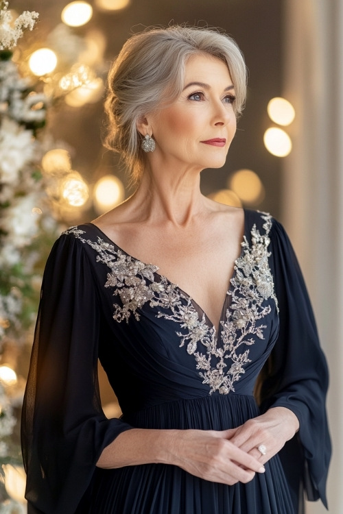 A fashionable woman over 50 in a navy tea-length midi dress with lace embroidery, a sweetheart neckline, and subtle pleats (4)