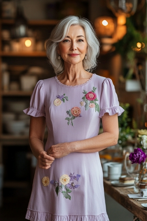 A fashionable woman over 50 in a pastel lavender knee-length dress with short puff sleeves, floral appliqués