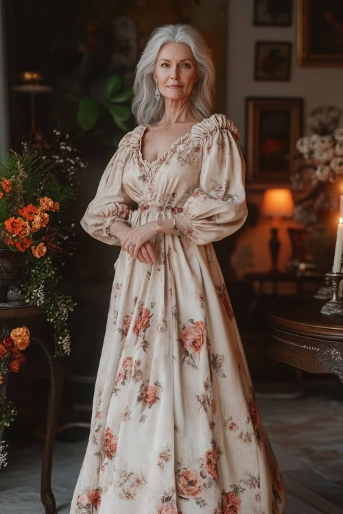 A fashionable woman over 50 in a soft champagne-colored tea-length dress with puff sleeves, floral prints, and a gathered waist